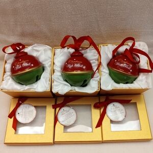 3 CHRISTMAS WISH BELLS in GOLD FOIL BOXES NIB 3.5"x 3" LARGE CERAMIC ORNAMENTS